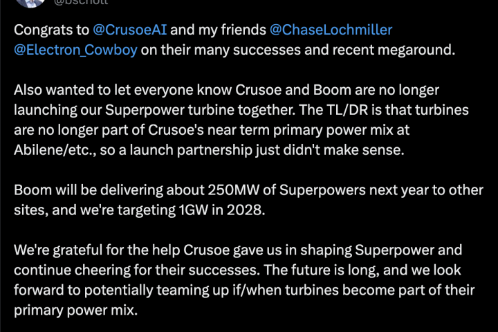 Crusoe met un terme à l'accord de 1,25 milliard de dollars avec Boom pour des turbines dans ses centres de données IA