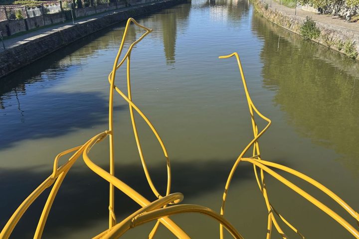 Une sculpture de nageur installée au-dessus de la Sambre dans le quartier étudiant de Namur