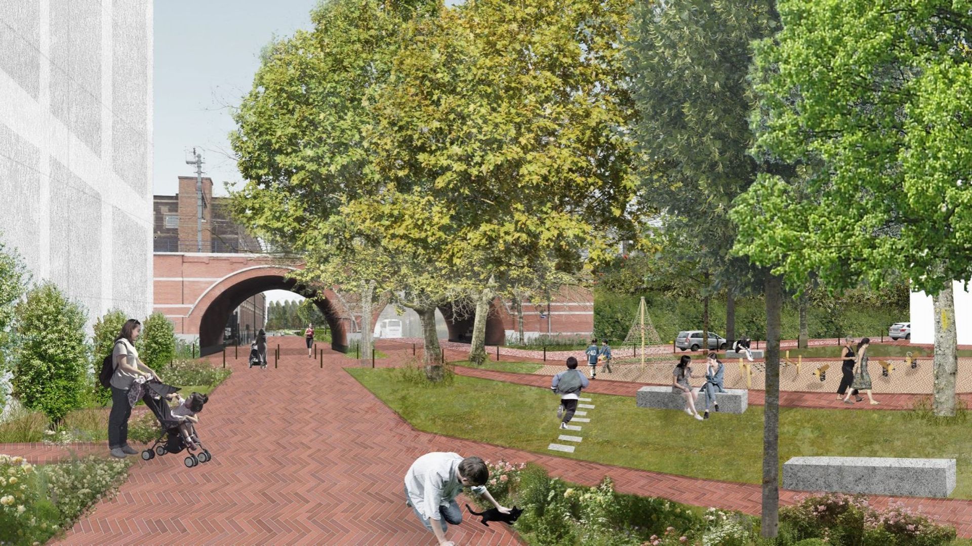 Le chantier de réaménagement de la future place des Goujons à Anderlecht débute, avec des zones piétonnes et un aire de jeux.